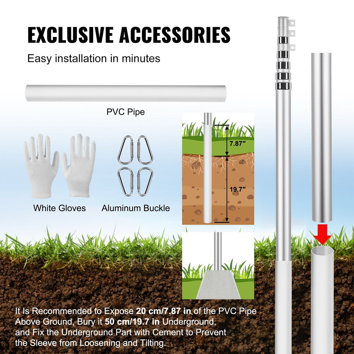 30FT Telescoping Flag pole Kit, Heavy Duty Aluminum Alloy in Ground Flag Poles for Outside, 3 Display Modes Flagpole with 3x5 American Flag, Professional Accessories, Silver