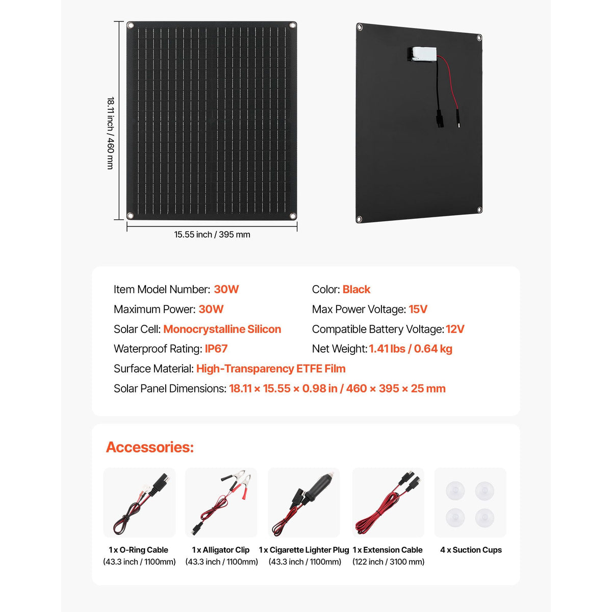 30W 12V Solar Panel Battery Charger, Solar Battery Trickle Charger Maintainer with Built-in Smart Controller & 3 Connection Cables, IP67 Waterproof Portable for RV Car Motorcycle Boat Van Camper