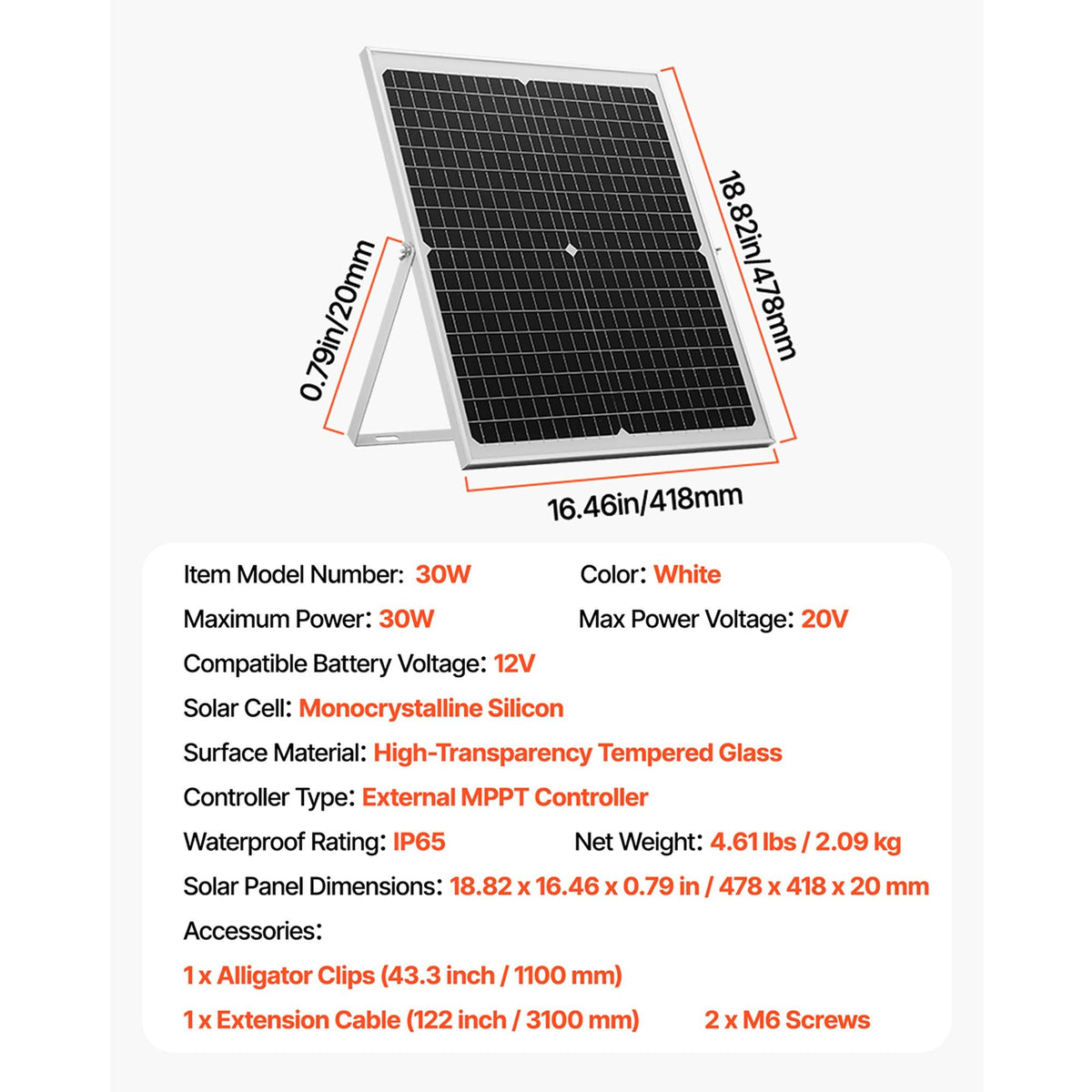 30W 12V Solar Panel Battery Charger, Solar Battery Trickle Charger Maintainer with Intelligent MPPT Controller & Adjustable Mount Bracket, IP67 Waterproof for Car Boat RV Motorcycle Trailer
