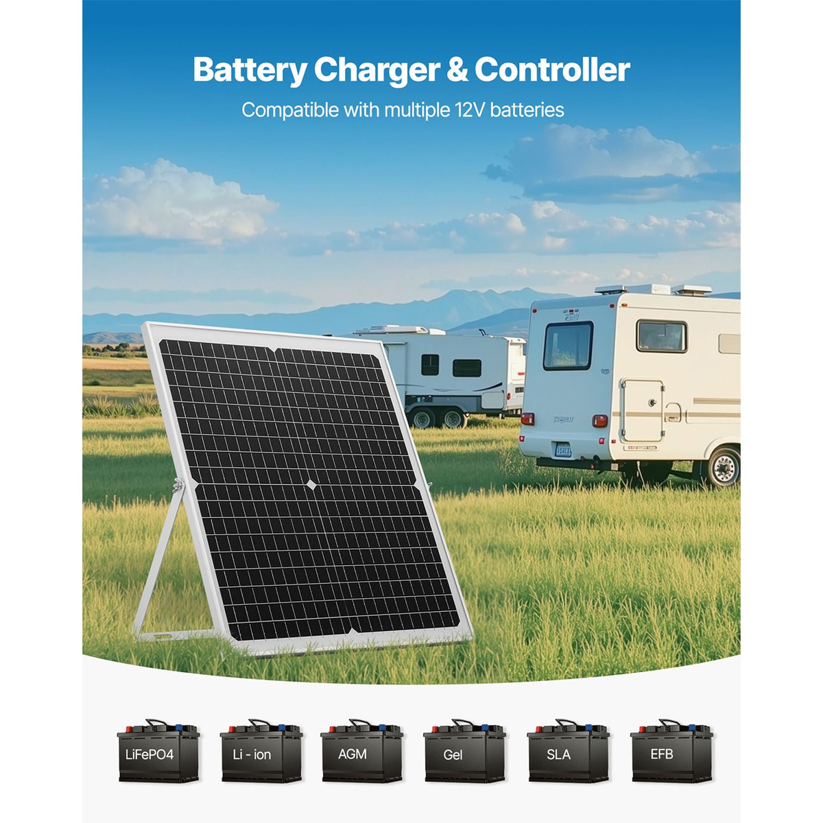 30W 12V Solar Panel Battery Charger, Solar Battery Trickle Charger Maintainer with Intelligent MPPT Controller & Adjustable Mount Bracket, IP67 Waterproof for Car Boat RV Motorcycle Trailer