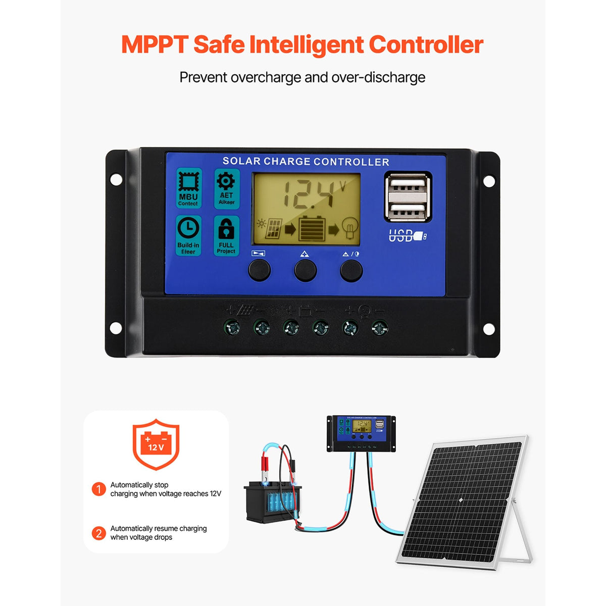 30W 12V Solar Panel Battery Charger, Solar Battery Trickle Charger Maintainer with Intelligent MPPT Controller & Adjustable Mount Bracket, IP67 Waterproof for Car Boat RV Motorcycle Trailer