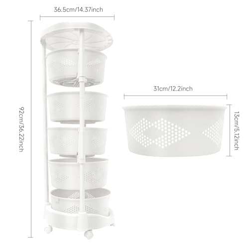 Multi-Layer Vegetable Rotating Basket Rack, Fruit Snack Storage Kitchen Organizer, White Storage Cart, Fruit Basket for Kitchen with 5 Lockable Casters, Vegetable Rack (5 Tiers) - size: 5 Tiers