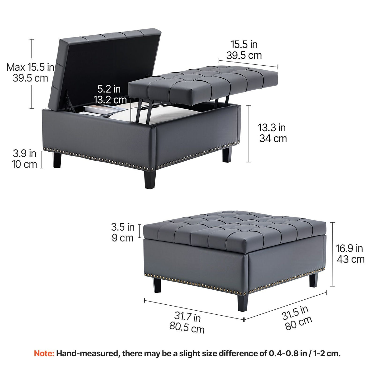 31 in Square Leather Ottoman with Storage, Upholstered Tufted Button Coffee Table Ottoman with Lift-Top & Flip Design, PU Leather High-Density Sponge for Living Room, Bedroom, Dorm, Grey