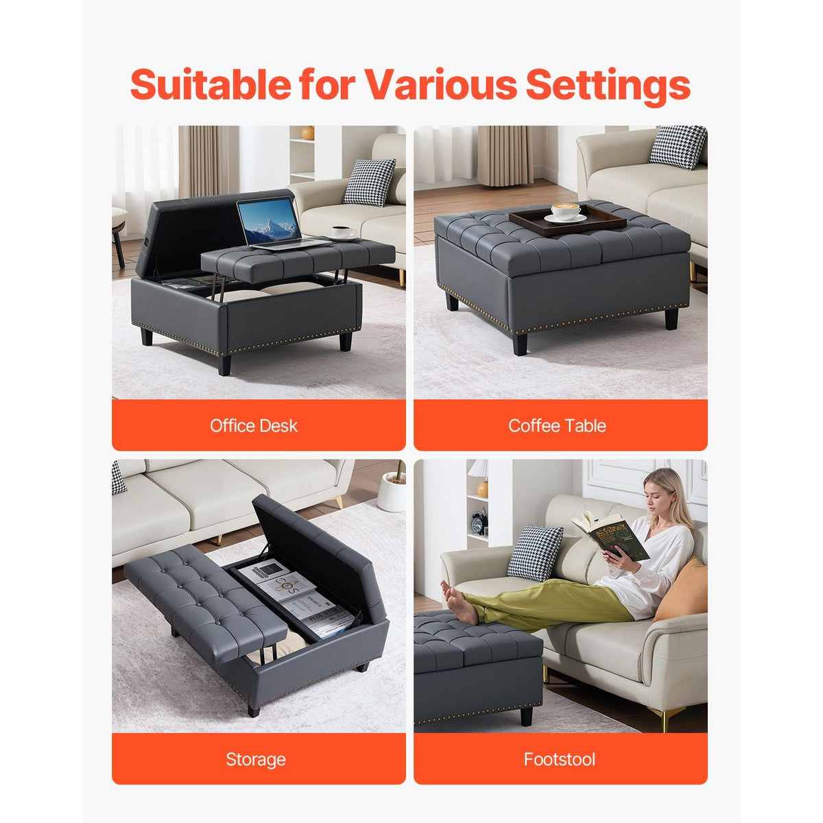 31 in Square Leather Ottoman with Storage, Upholstered Tufted Button Coffee Table Ottoman with Lift-Top & Flip Design, PU Leather High-Density Sponge for Living Room, Bedroom, Dorm, Grey