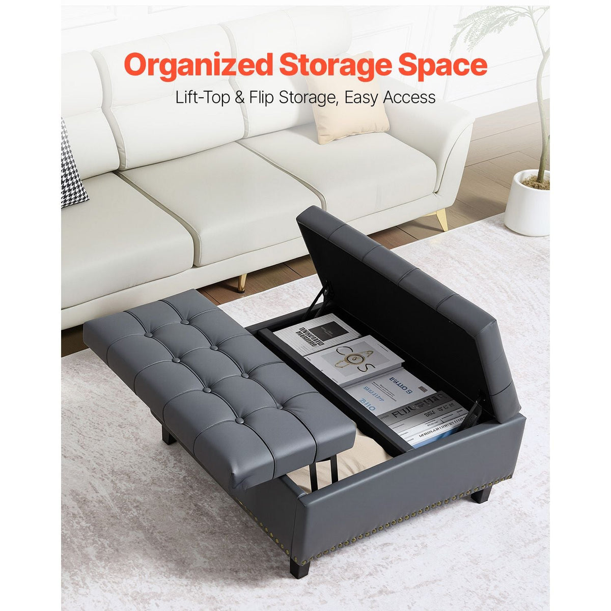 31 in Square Leather Ottoman with Storage, Upholstered Tufted Button Coffee Table Ottoman with Lift-Top & Flip Design, PU Leather High-Density Sponge for Living Room, Bedroom, Dorm, Grey
