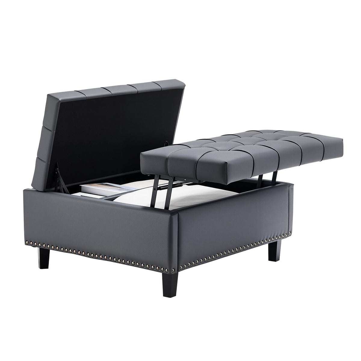 31 in Square Leather Ottoman with Storage, Upholstered Tufted Button Coffee Table Ottoman with Lift-Top & Flip Design, PU Leather High-Density Sponge for Living Room, Bedroom, Dorm, Grey