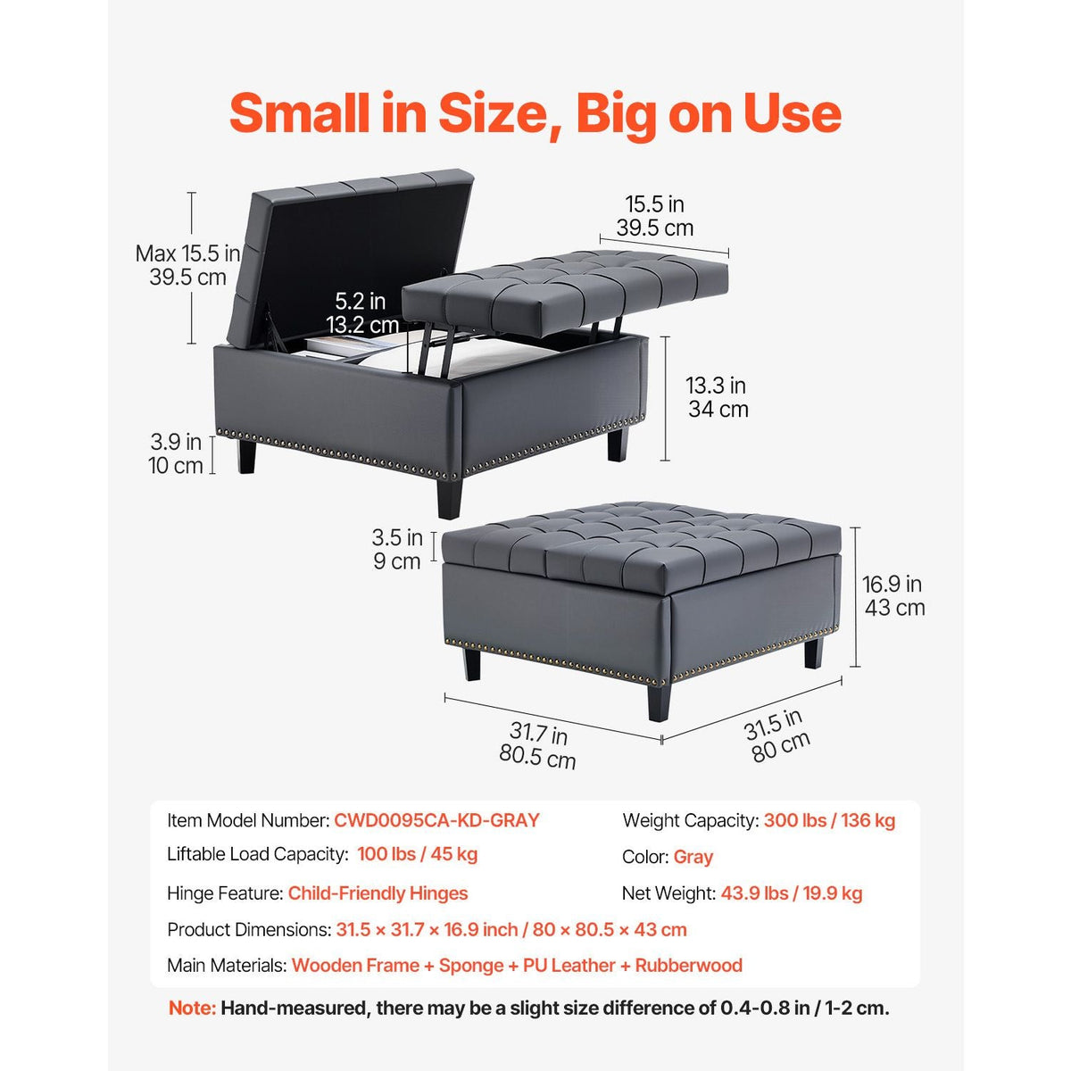 31 in Square Leather Ottoman with Storage, Upholstered Tufted Button Coffee Table Ottoman with Lift-Top & Flip Design, PU Leather High-Density Sponge for Living Room, Bedroom, Dorm, Grey