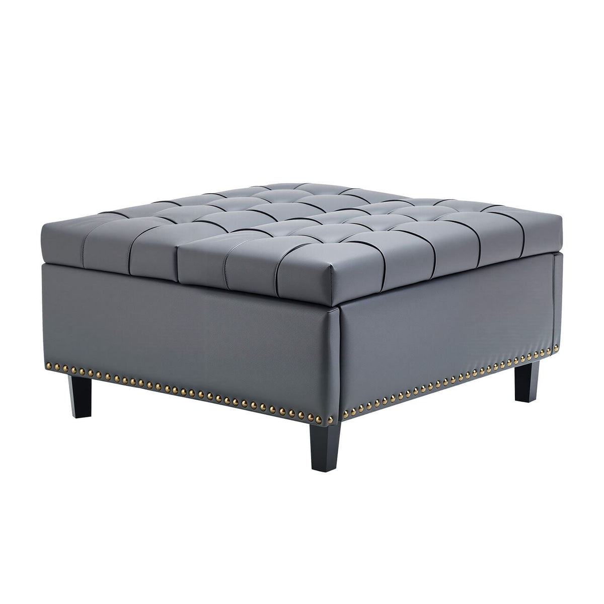 31 in Square Leather Ottoman with Storage, Upholstered Tufted Button Coffee Table Ottoman with Lift-Top & Flip Design, PU Leather High-Density Sponge for Living Room, Bedroom, Dorm, Grey