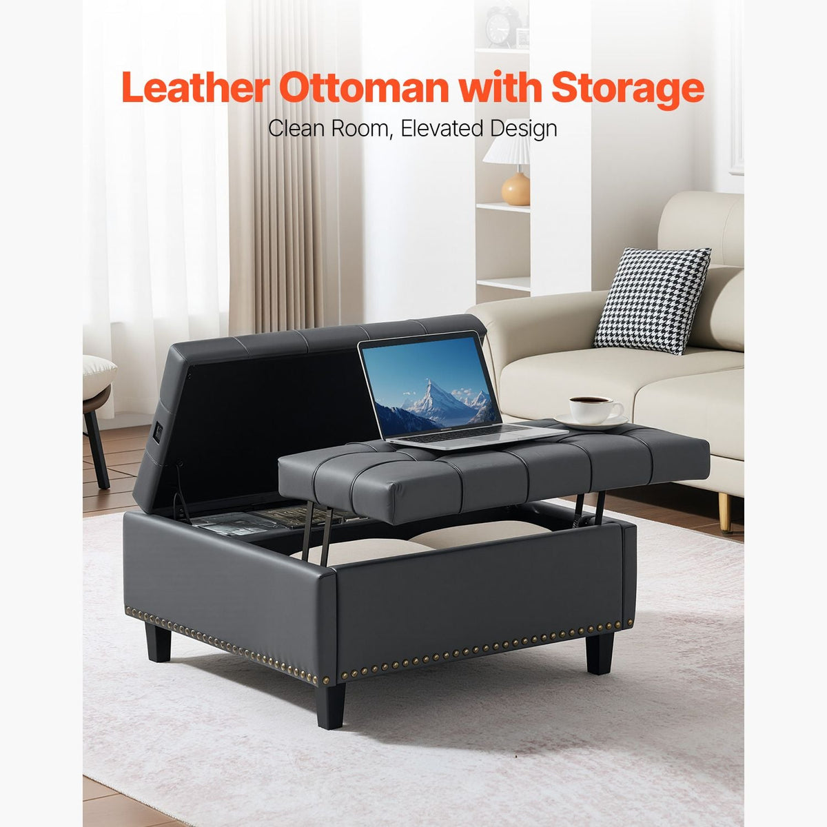31 in Square Leather Ottoman with Storage, Upholstered Tufted Button Coffee Table Ottoman with Lift-Top & Flip Design, PU Leather High-Density Sponge for Living Room, Bedroom, Dorm, Grey