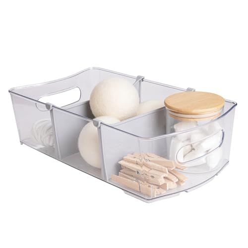 Wardrobe and laundry storage box with removable dividers, 14.5 inches long x 8 inches wide, transparent.