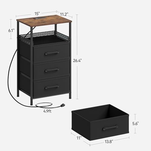 JARHETUN Night Stand Set 2 with Charging Station, 3 Drawer Nightstands with LED Lights, End Table with Outlets and USB Ports, Side Table with Open Shelf, Bedside Tables for Bedroom, Rustic Brown - color: Rustic Brown, style: Power & LED