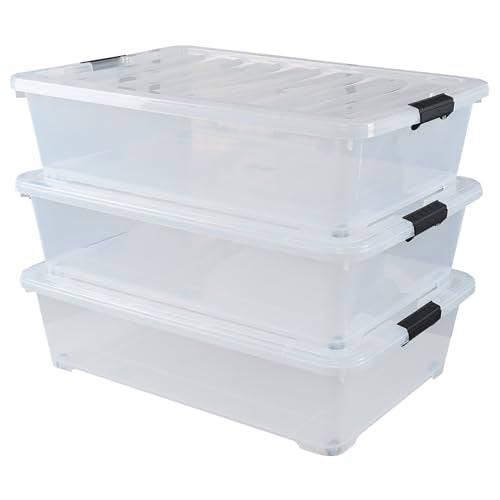 50 Quart Wheeled Latching Storage Box, Stackable Bin with Latch Lid, Plastic Container to Organize Shoes Underbed (3 Pack) - size: 50 Quart