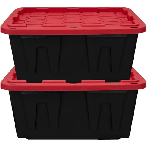 27 Gal Industrial Tote,2 Pack Plastic Storage Bins with Lids Tough Large Storage Bin,Black with Red Lid Plastic Storage,Stackable & Nestable for Garage, Basement, or Outdoor (2 Pack) - size: 2 Pack