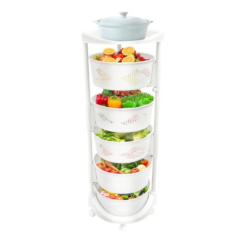 Multi-Layer Vegetable Rotating Basket Rack, Fruit Snack Storage Kitchen Organizer, White Storage Cart, Fruit Basket for Kitchen with 5 Lockable Casters, Vegetable Rack (5 Tiers) - size: 5 Tiers
