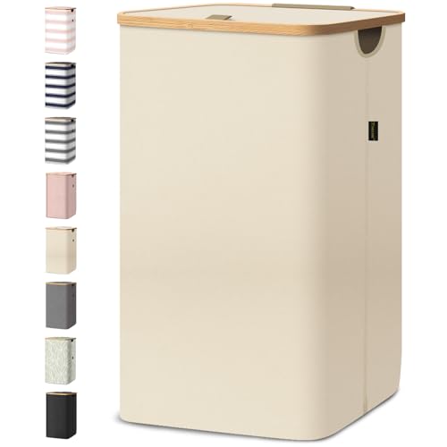 BALEINE Laundry Hamper with Lid, Tall Laundry Baskets with Bamboo Pull Handles, Large Laundry Bin with Internal Support (26 Gal/100L, Beige) - color: Beige, size: 100 liters