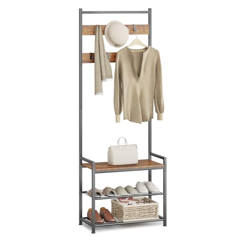 Coat Rack Hall Tree with Shoe Storage, Entryway Hall Tree Storage Bench, Wood Look Accent Furniture with Metal Frame, 3-in-1 Design, Rustic Brown - color: Brown