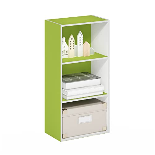Furinno Luder 3-Tier Open Shelf Bookcase, Green/White - color: White/Green, size: 3-Tier, 9.3 x 16 x 31.4