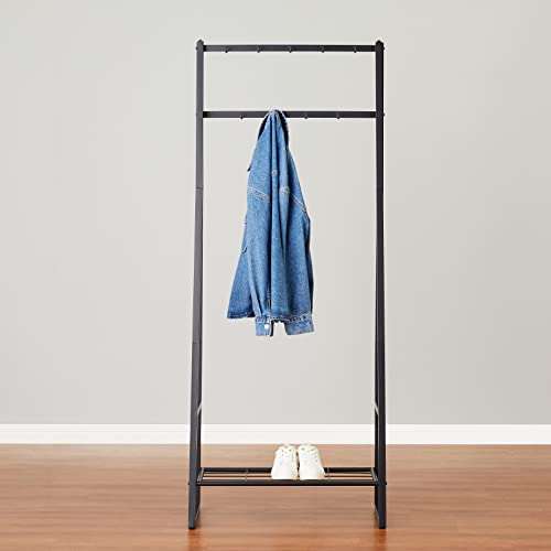 Amazon Basics 9 Hooks Coat Rack, Freestanding Entryway Shoe Bench with Metal 1-Tier Storage Shelf, Space Saving for Hallway and Bedroom, 13" D x 27.6" W x 69" H, Black