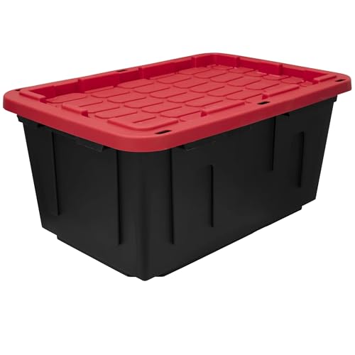 27 Gallon Large Storage Bin with Snap Lid, Black and Red, Heavy Duty Plastic Storage Container