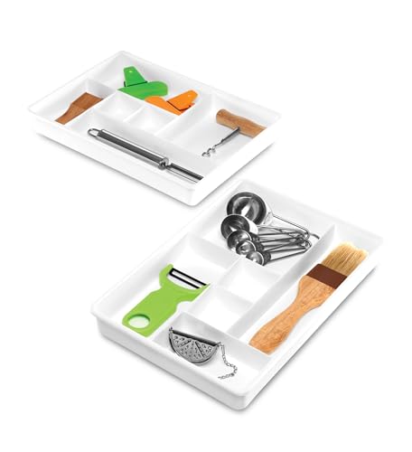 Madesmart Set of 2 Plastic 6-Compartment Drawer Organizer Gadget Trays, Multipurpose Storage Bins for Drawers, White