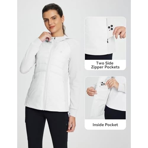 baleaf Women's Running Winter Jacket with Hood Warm Lightweight Insulated Hybrid Jackets Puffer Zip Pockets Hiking Skiing