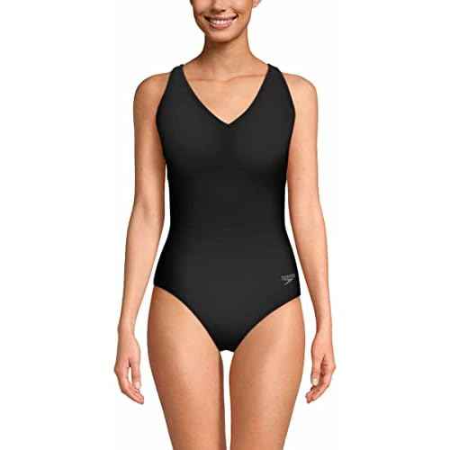 Speedo Womens Swimsuit One Piece Black Adult V-Neck with Back Interest, Conservative Cut (XL)