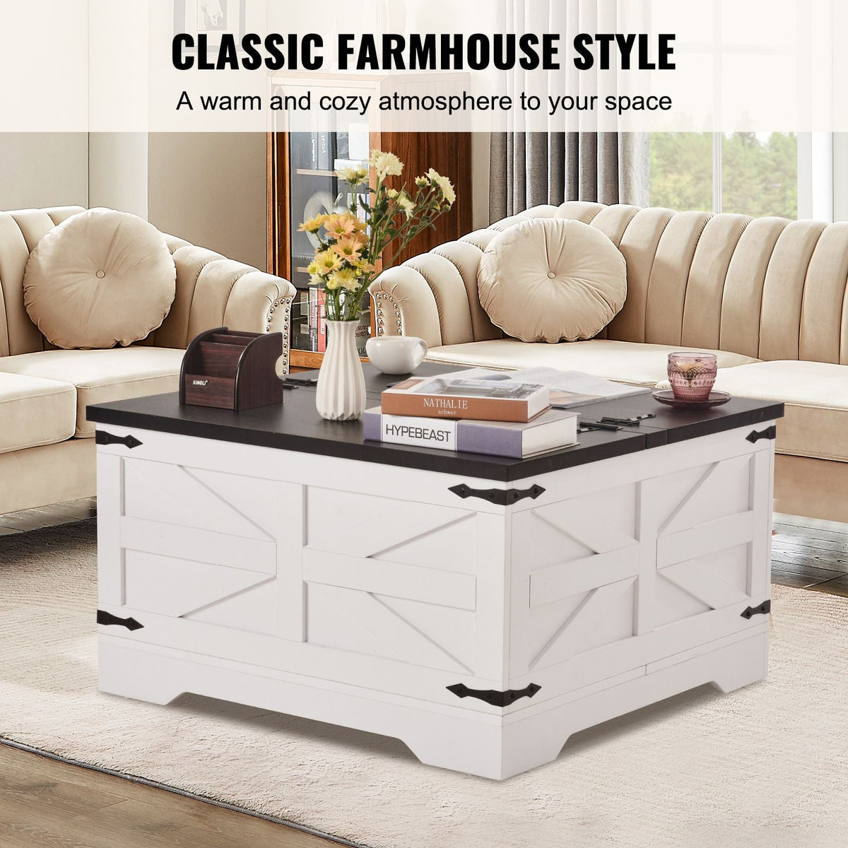 31.5" Farmhouse Coffee Table, Hinged Square Coffee Table with Large Storage Compartment, Wooden Rustic Cocktail Table for Living Room, Bedroom, Apartment, Studio, Gray & White