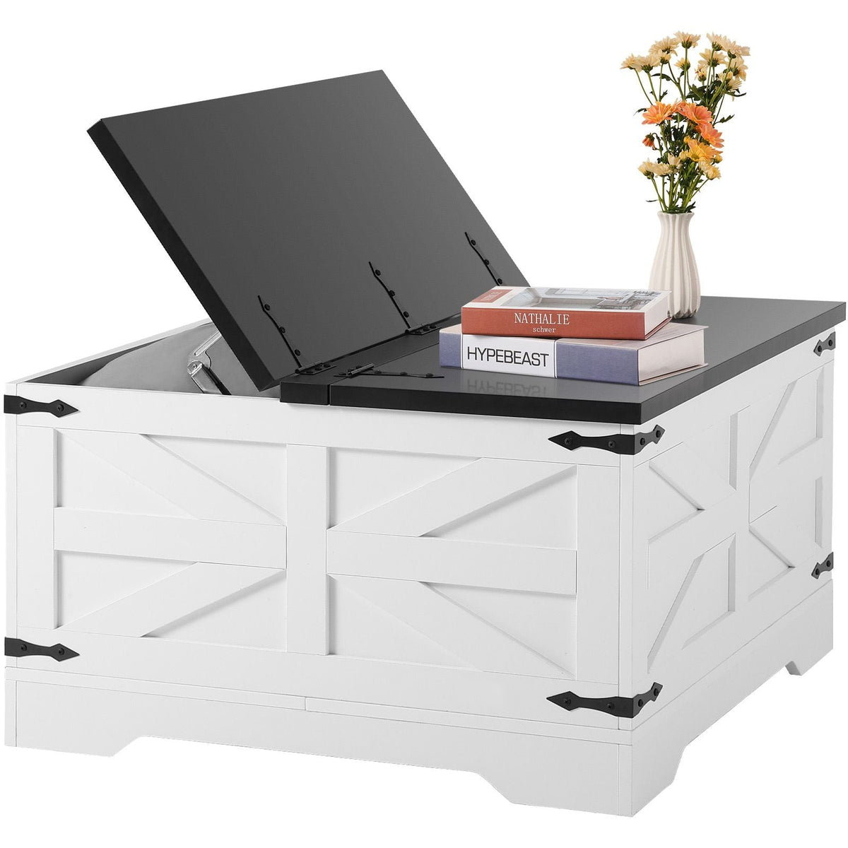 31.5" Farmhouse Coffee Table, Hinged Square Coffee Table with Large Storage Compartment, Wooden Rustic Cocktail Table for Living Room, Bedroom, Apartment, Studio, Gray & White