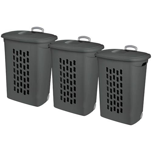 Sterilite 3-Pack Ultra Wheeled Hamper, Plastic Rolling Laundry Basket, Flat Gray - Portable Clothes Carrier with Flip-Top Lid and Retractable Handle for Home, Apartment, and Dorm - color: Flat Gray