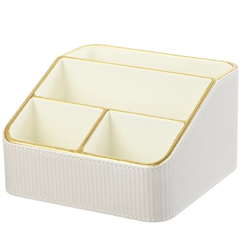 OMISTAR 4 Compartments Remote Control Holder, PU Leather Nightstand Organizer, Tiered Bedside Caddy, Desktop Storage Container for Stationery Office Supplies, Stylish Vanity Tray for Makeup - size: 4 Compartments