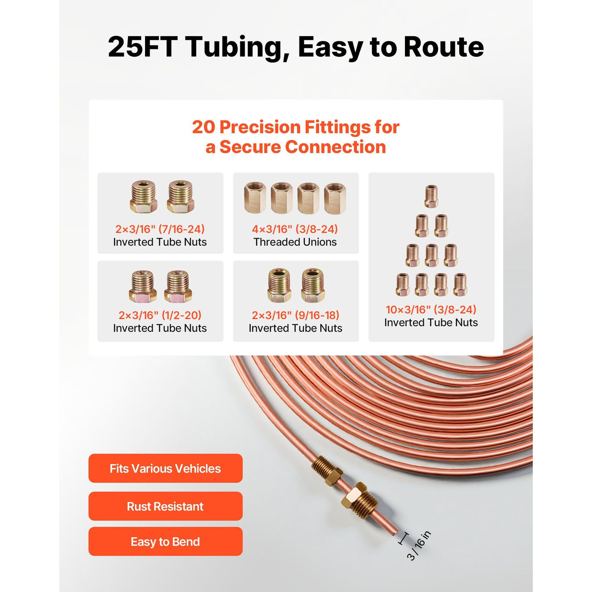 3/16" Brake Line Repair Kit, 45° Double & Single Brake Line Flaring Tool Kit, 25FT Copper Coated Brake Line (with 16 Fittings & 4 Unions) - Tube Cutter, 5 Adapters and Toolbox Included