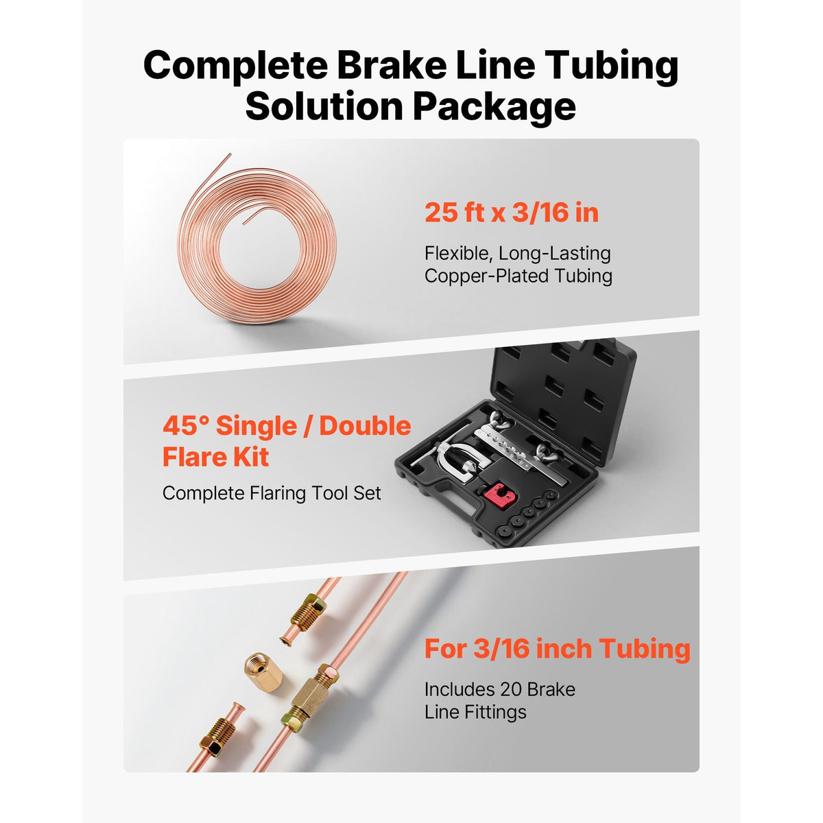 3/16" Brake Line Repair Kit, 45° Double & Single Brake Line Flaring Tool Kit, 25FT Copper Coated Brake Line (with 16 Fittings & 4 Unions) - Tube Cutter, 5 Adapters and Toolbox Included