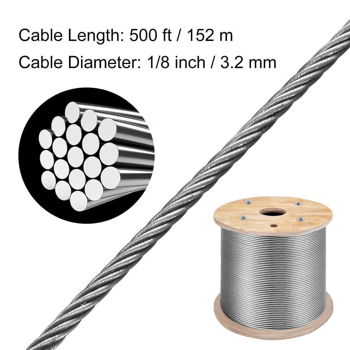 316 Stainless Steel Cable 1/8" 1x19 Steel Cable Wire Rope 150M/500FT Cable Railing Transport Wire Rope Cable for Railing Decking DIY Balustrade(150M)