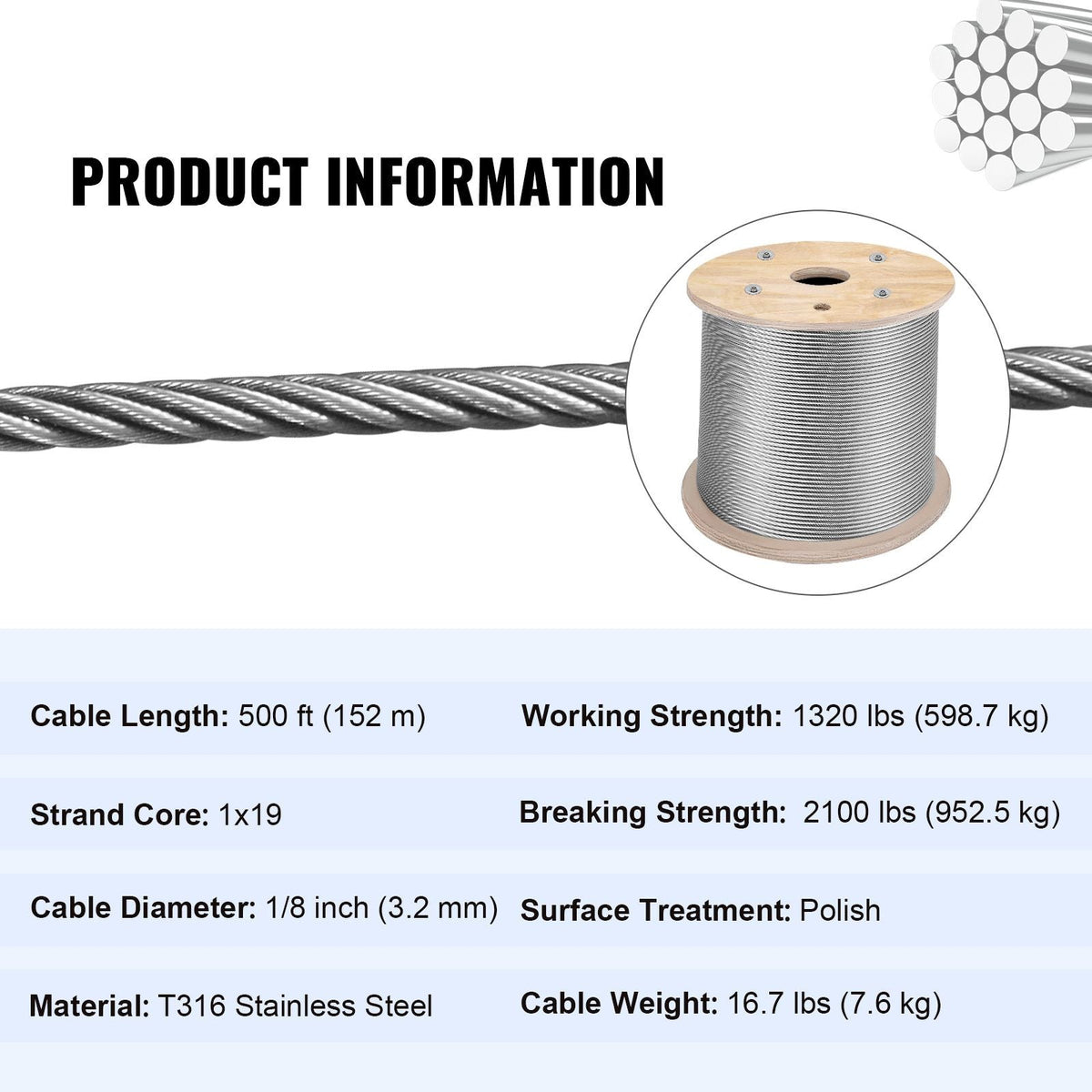 316 Stainless Steel Cable 1/8" 1x19 Steel Cable Wire Rope 150M/500FT Cable Railing Transport Wire Rope Cable for Railing Decking DIY Balustrade(150M)