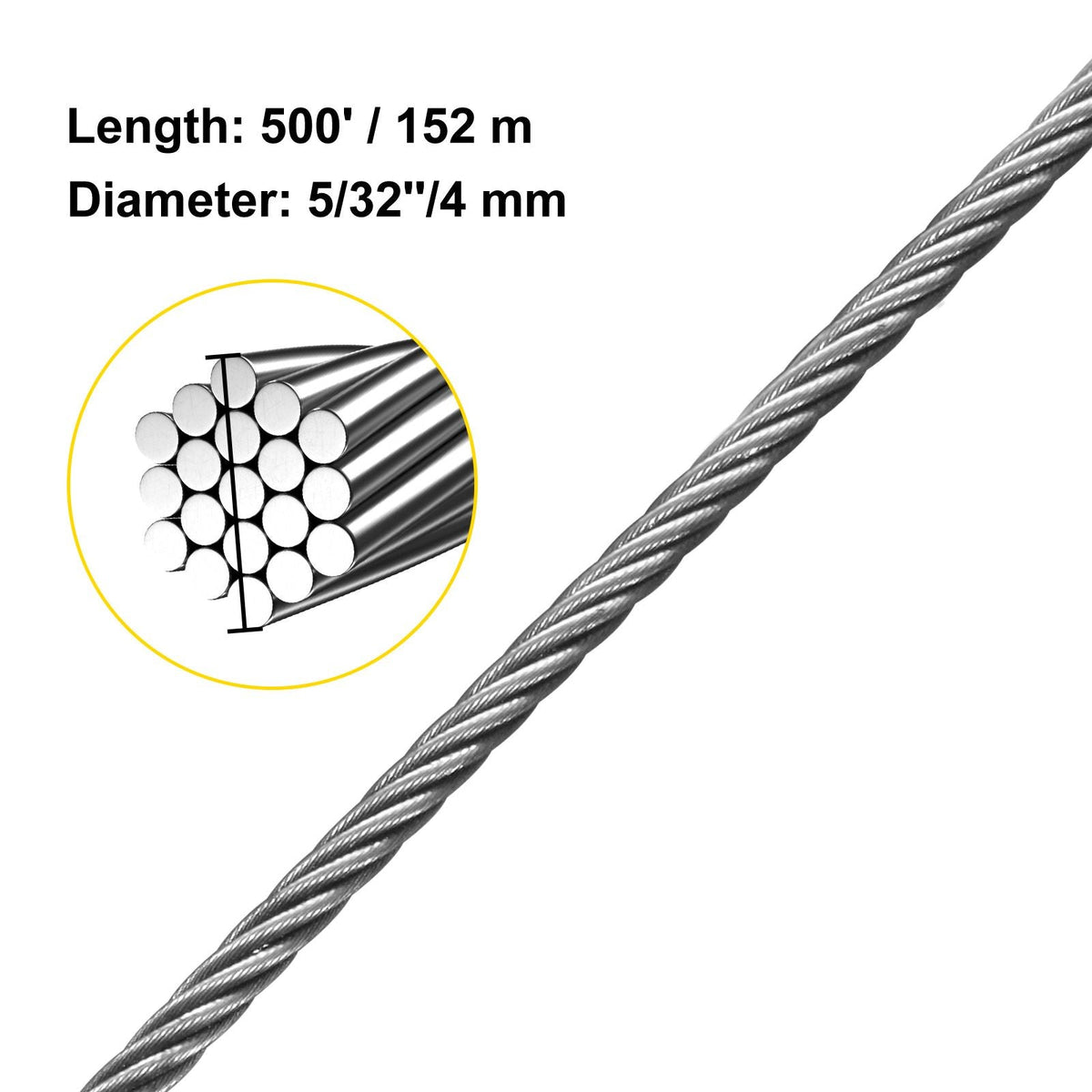 316 Stainless Steel Cable, 500FT Stainless Steel Wire Rope of 5/32 Inch Diameter and 1x19 Construction, 3300 LBS Breaking Strength Steel Cable for Outdoor Railing Decking DIY Balustrade