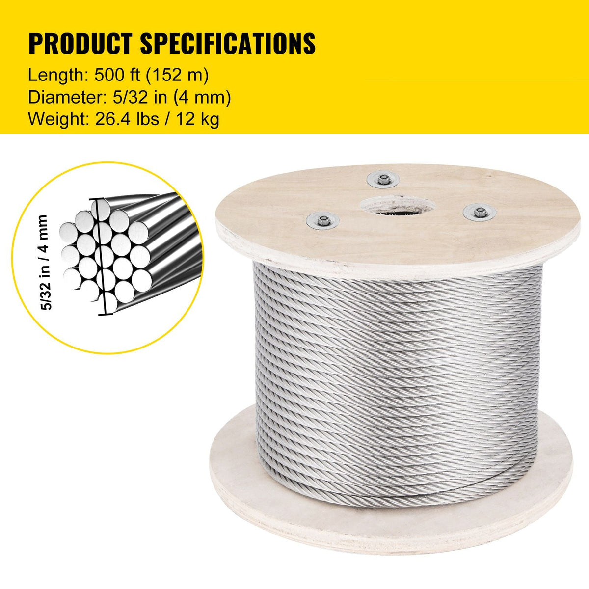 316 Stainless Steel Cable, 500FT Stainless Steel Wire Rope of 5/32 Inch Diameter and 1x19 Construction, 3300 LBS Breaking Strength Steel Cable for Outdoor Railing Decking DIY Balustrade