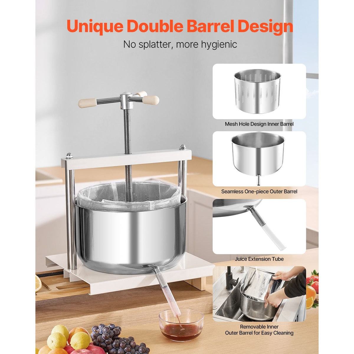 3.17 Gal/12L Fruit Wine Press, 2 Stainless Steel Barrels, Manual Juice Maker, Cider Apple Grape Tincture Honey Olive Oil Making Press with Triangular Handle for Outdoor Kitchen Home
