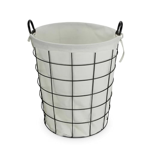16" Diameter Laundry Basket Metal Wire with Fabric Liner Round Storage Organizer Decorative Bin Laundry Hamper Modern Home Organizer for Bedroom Bathroom Living Room Closet