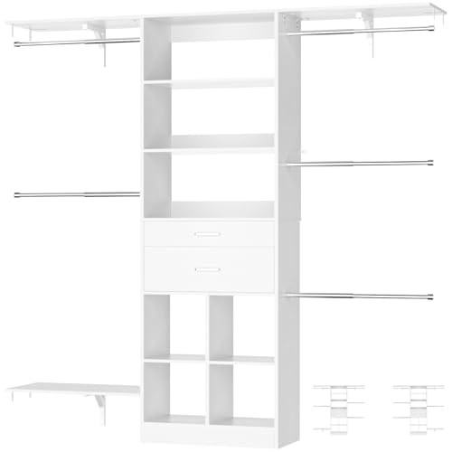 5FT Closet Organizer System with Wooden Drawers, 60 Inches Walk In Closet System With 5 Hanging Rods, Can Fit 1.58 to 6.8 FT with Reversible Hanging Shelving, White - color: White, size: 5FT