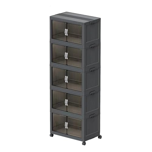 51QT Stackable Storage Bins with Lids & Wheels - Foldable Cabinet Clear Door Plastic Organizer Containers for Home, Garage, Pantry Organization - Collapsible Design Gray 5T - size: 51Qt/13Gal-5Packs/1Top Lid