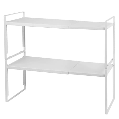 Nxconsu 2 Pack Cabinet Shelf Organizer Stackable 2-Tier Wide 10.5" Depth, Expandable Width (13.4"–24.8"), 10-Level Adjustable Height, Metal Counter Shelf Riser for Cupboard Pantry Countertop, White - size: Wide Depth (10.5") - 2 Pack