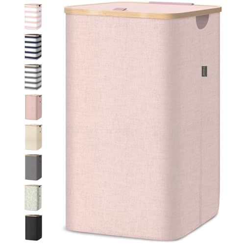 BALEINE Laundry Hamper with Lid, Tall Laundry Baskets with Bamboo Pull Handles, Large Laundry Bin with Internal Support (26 Gal/100L, Pink) - color: Pink, size: 100 liters