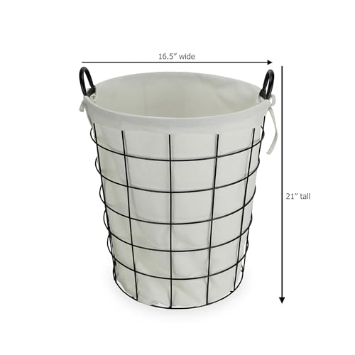 16" Diameter Laundry Basket Metal Wire with Fabric Liner Round Storage Organizer Decorative Bin Laundry Hamper Modern Home Organizer for Bedroom Bathroom Living Room Closet