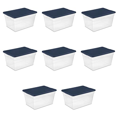 Sterilite Storage Box, Clear Plastic Stackable Bin, Tote with Lid, 56 Quart, Marine Blue