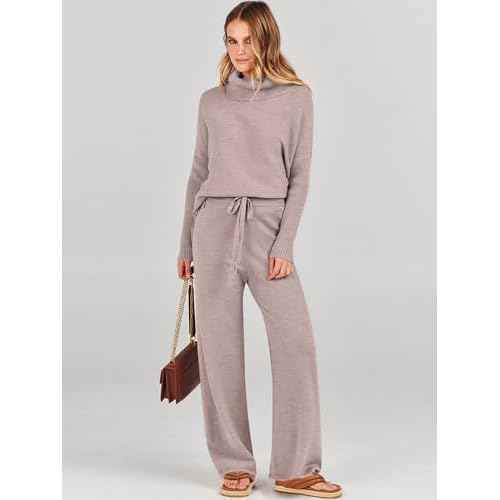 ANRABESS Women Two Piece Outfits Oversized Turtleneck Knit Pullover Sweater Top Wide Leg Pants Lounge Set Sweatsuit 2025 Fall