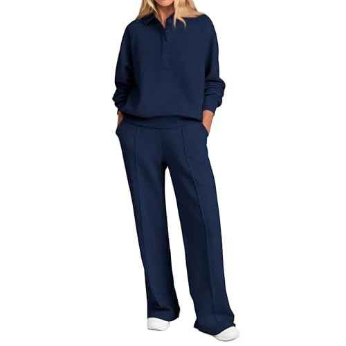 PRETTYGARDEN Women Fall 2 Piece Outfits Sweatsuits Quarter Button Long Sleeve Sweatshirt Wide Leg Pants Tracksuit Lounge Sets