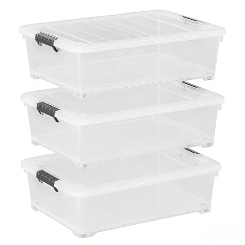 25 Quart Clear Plastic Latch Storage Box with Wheels, Under Bed Storage Box, 3 Pack - size: 25 Quart
