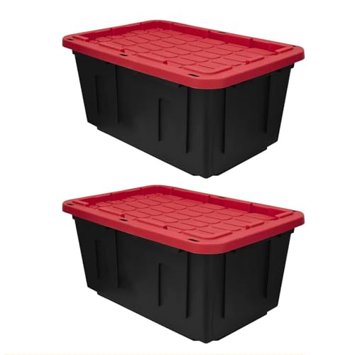27 Gal Industrial Tote,2 Pack Plastic Storage Bins with Lids Tough Large Storage Bin,Black with Red Lid Plastic Storage,Stackable & Nestable for Garage, Basement, or Outdoor (2 Pack) - size: 2 Pack