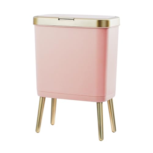 Procade Bathroom Trash Can with Lid, 4 Gallon Pink Garbage Can, Tall Plastic Trash Bin with Push Button, Slim Gold Trash Can Waste Basket for Room, Bedroom,Office,Kitchen - color: Pink