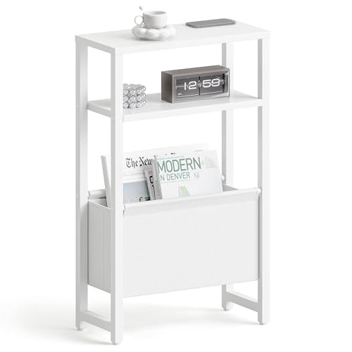 Narrow Side Table, Slim End Table with Magazine Rack, Bedside Table for Small Spaces, 3 Tier Sofa Couch Table Nightstand for Living Room, Bedroom, White LET503W - color: White